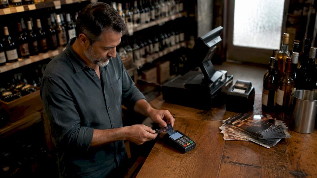 Store owner processing payment at checkout for liquor store