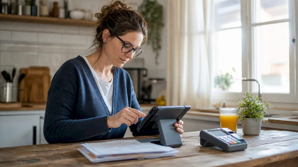 Business owner accepting payments through a mobile device for service businesses.