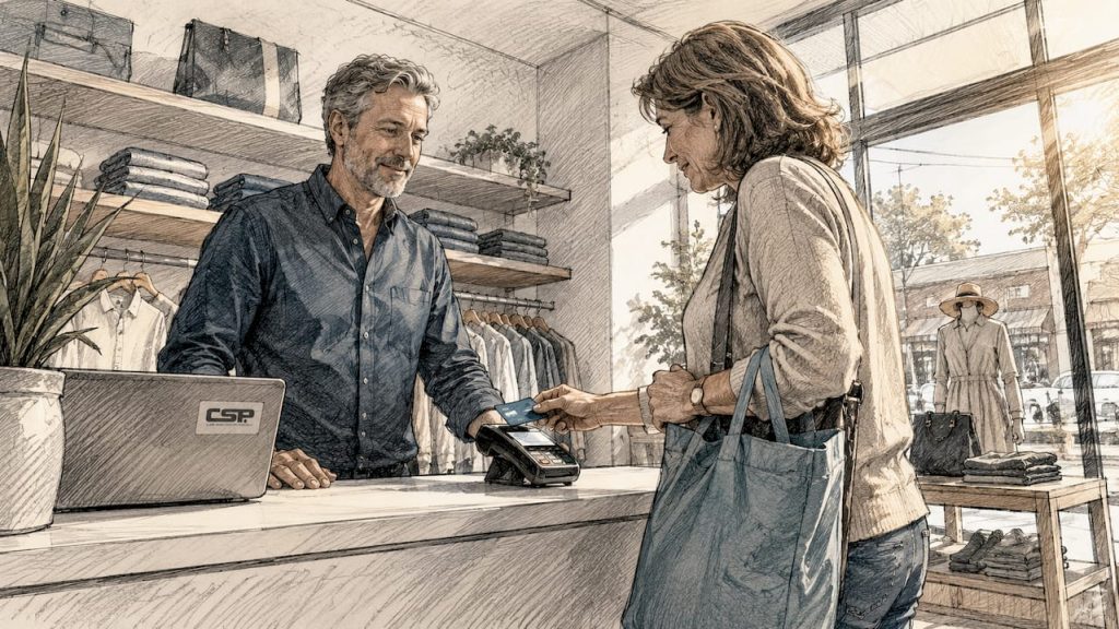 Retail owner assisting a customer paying by credit card