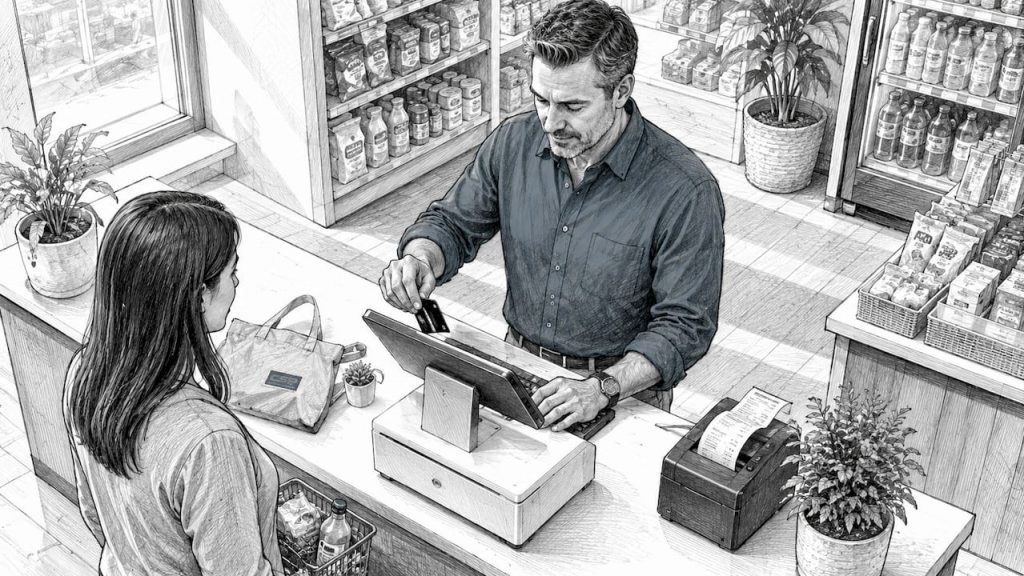 Retail manager processing partial payment at checkout for better cash flow