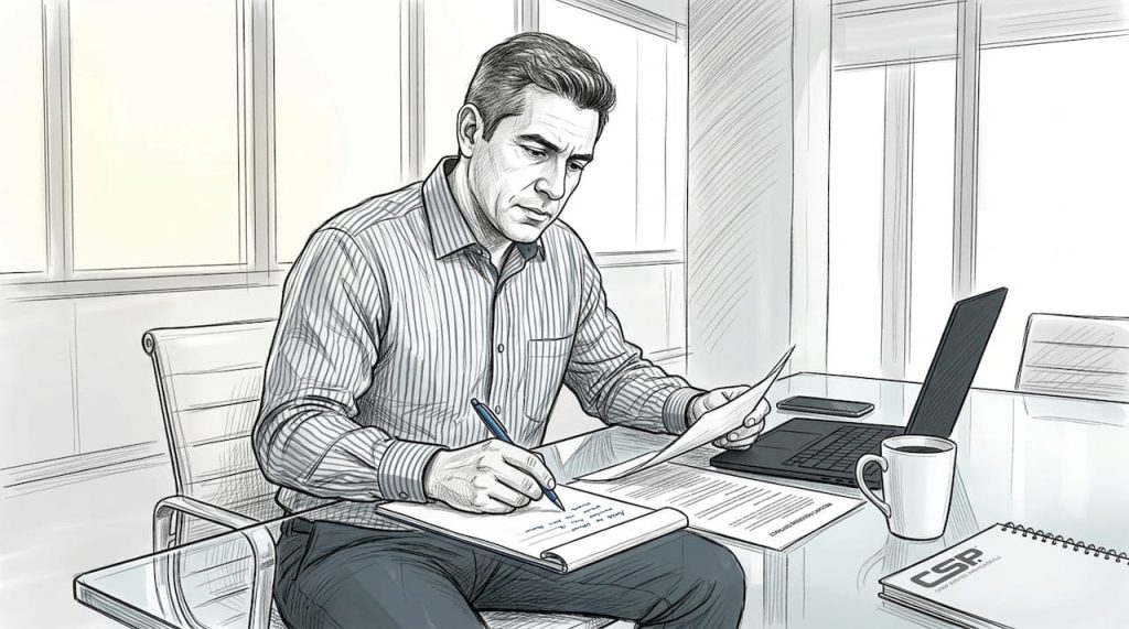 Man reviewing merchant processing contracts, focusing on payment strategies.