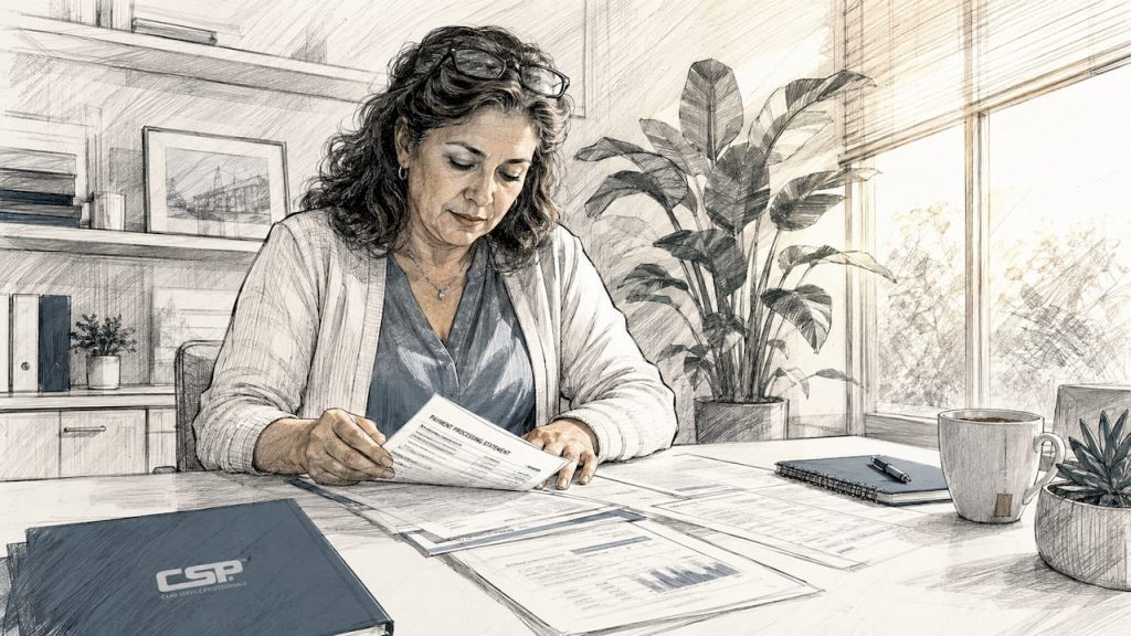 Woman organizing payment processing checklist papers for small business compliance.