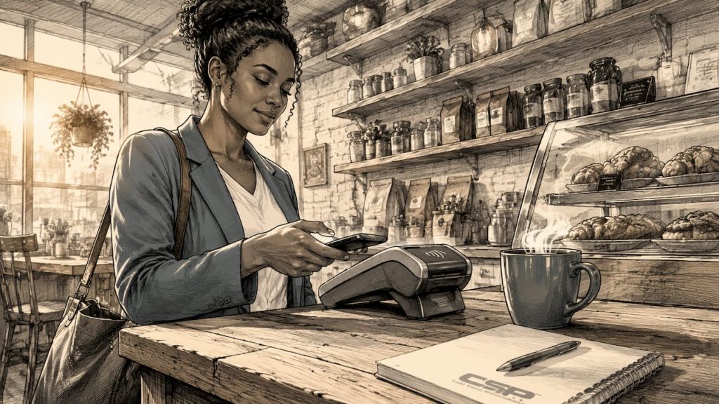 Customer using mobile payment at checkout with NFC technology