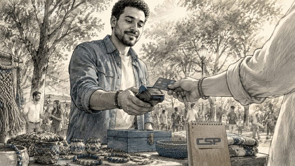Retail merchant accepting mobile payment outdoors with NFC technology