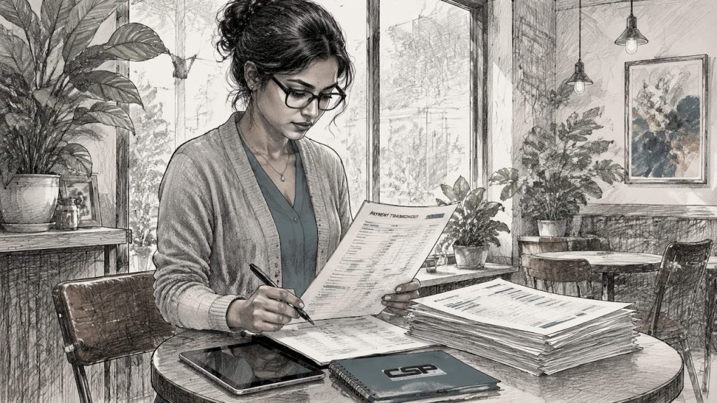 Woman reviewing payment processing reports for delivery services