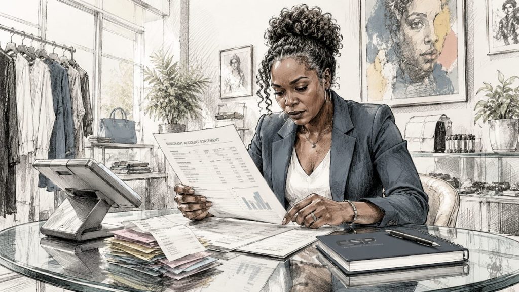 Retail business owner reviewing merchant statement
