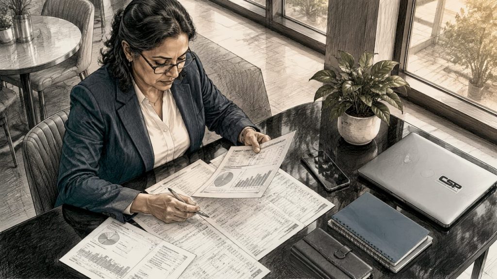 Business owner reviewing credit card rewards chart