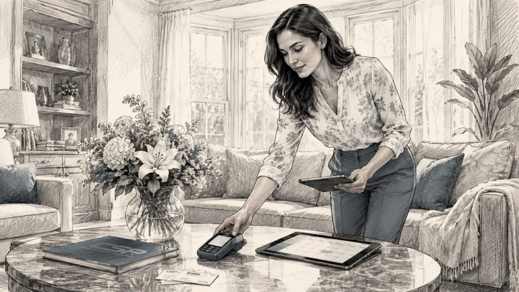 Maid service owner setting up credit card reader