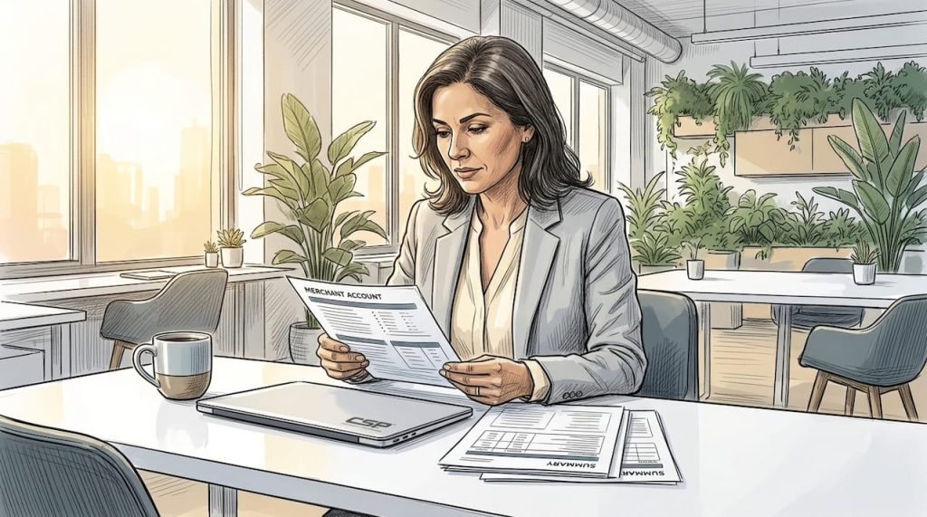 Woman reviewing merchant account documents in office