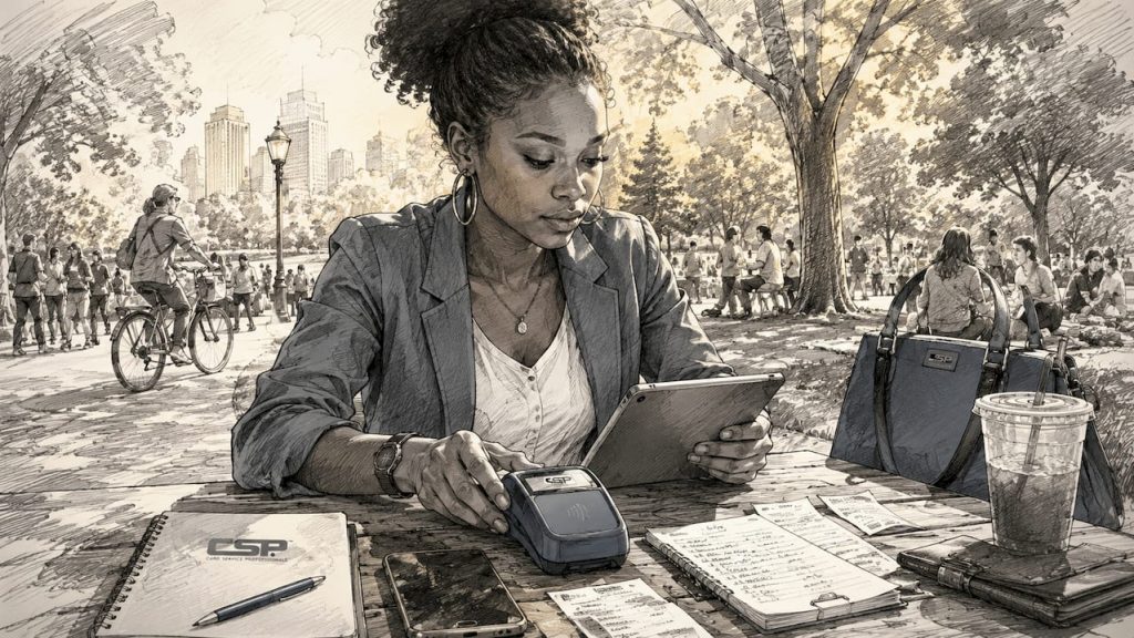 Female retailer setting up payment equipment