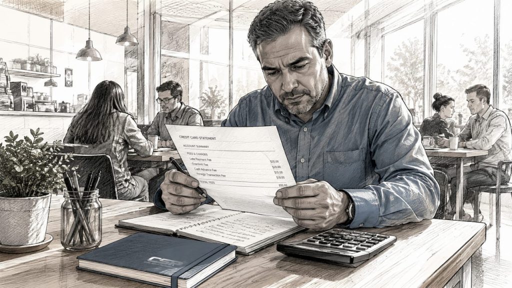 Merchant reviewing processing fee statement at desk