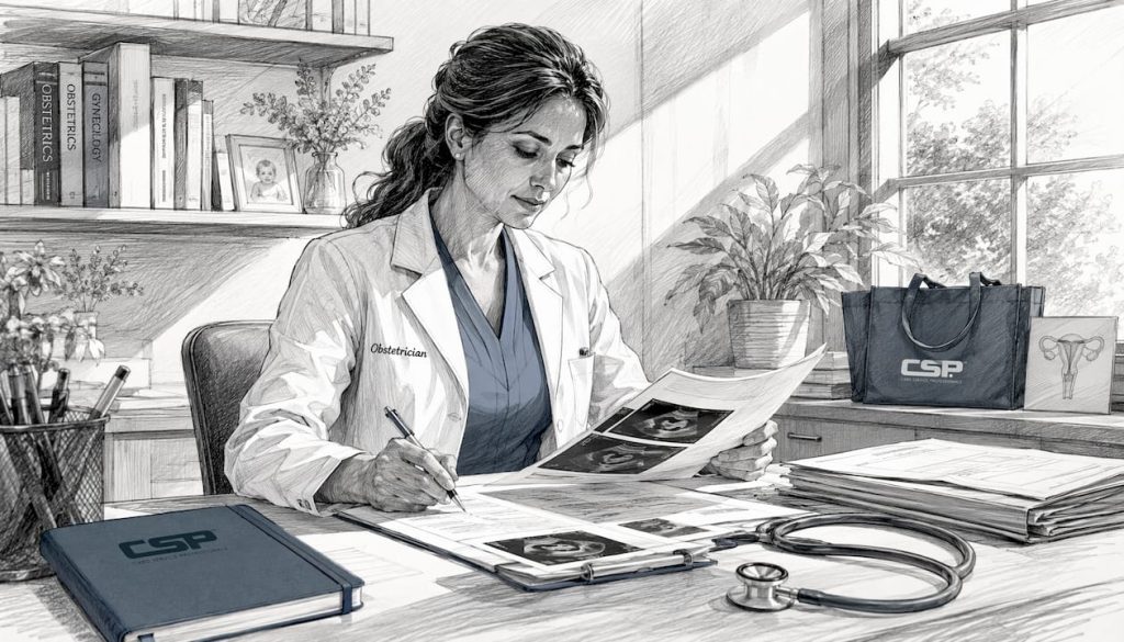 Obstetrician reviewing high-risk pregnancy charts
