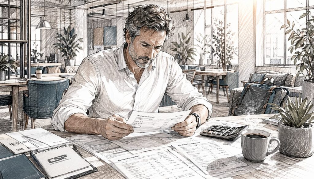 Merchant reviewing Visa and Mastercard fee documents