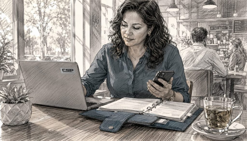 Woman reviewing merchant processor options at home desk