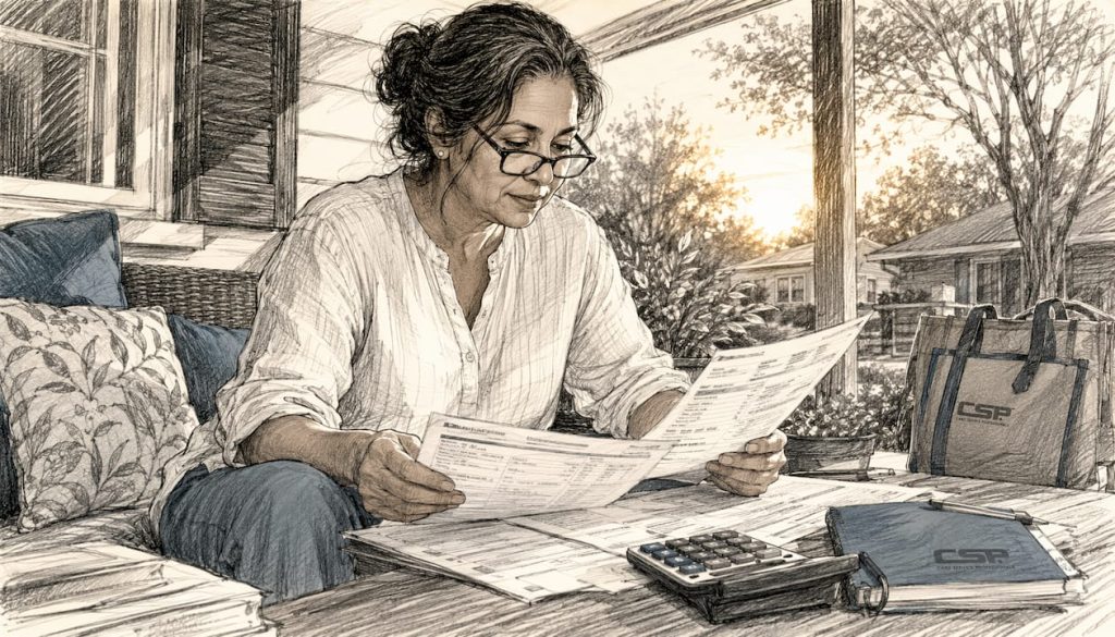 Woman reviewing merchant processing fees at home