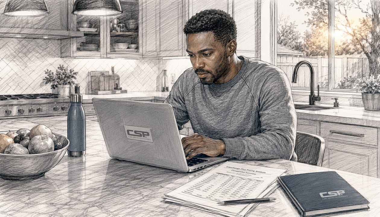 Man analyzing interchange-plus pricing on laptop