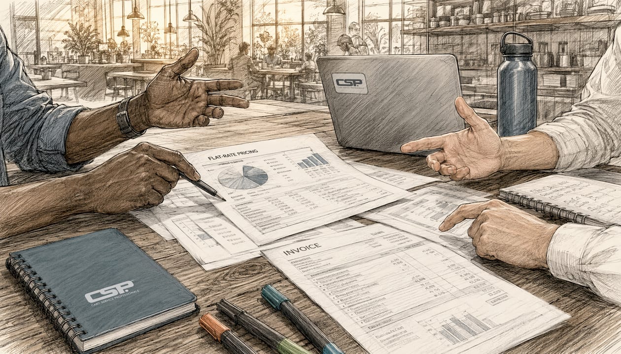 Hands discussing flat-rate pricing documents