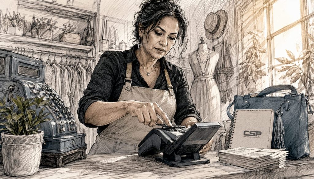 Merchant manually entering card payment at store counter