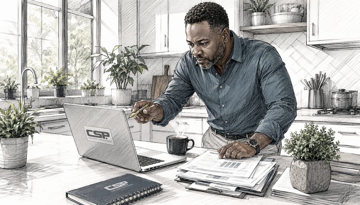 Man checking payment processor dashboard at desk