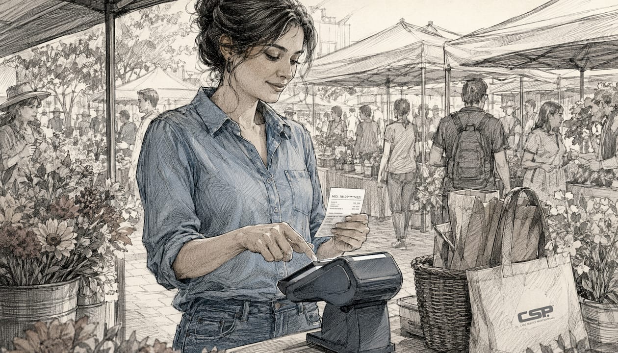 Hands using payment terminal in retail setting