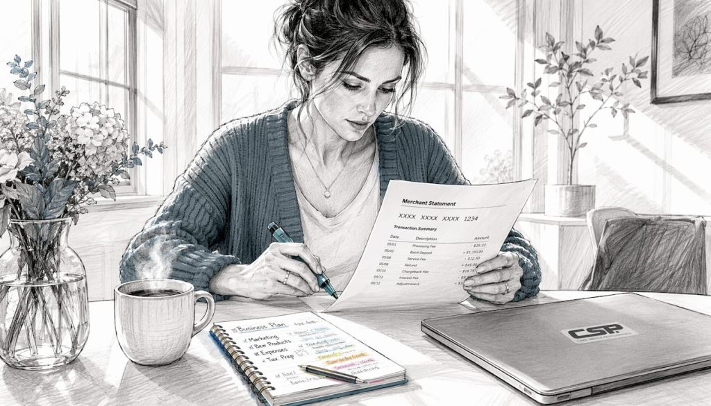 Woman reviewing merchant statement at kitchen table