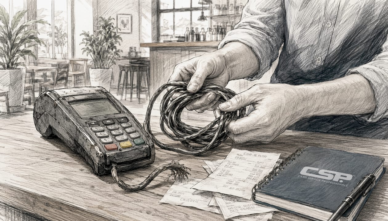 Hands disconnecting outdated payment terminal