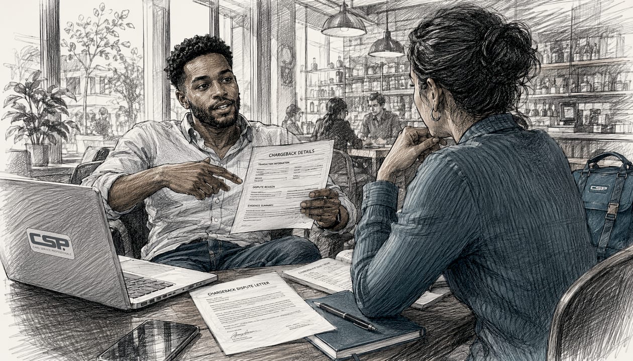 Young man reviewing chargeback disputes with colleague