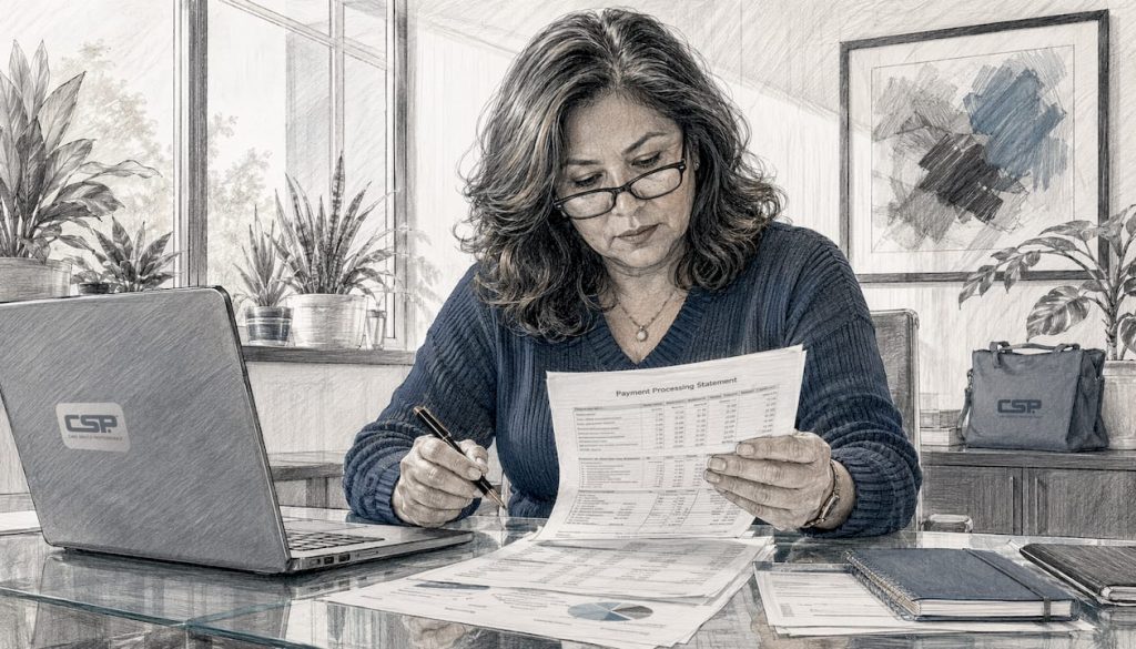 Small business owner reviewing payment fees