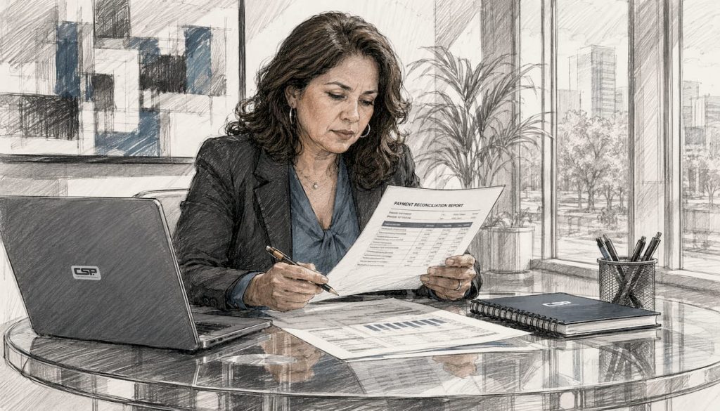 Retail manager reviewing payment reconciliation reports