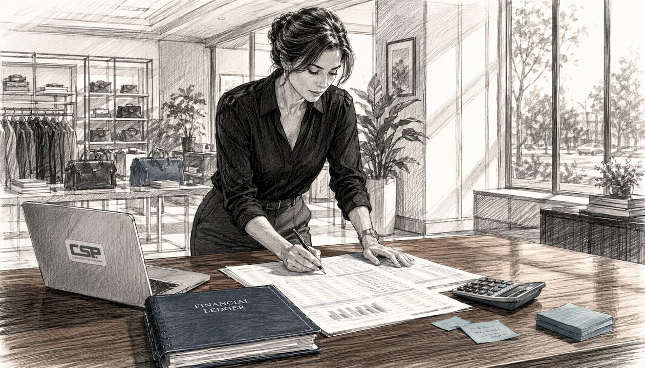 Hands typing financial data for retail reconciliation