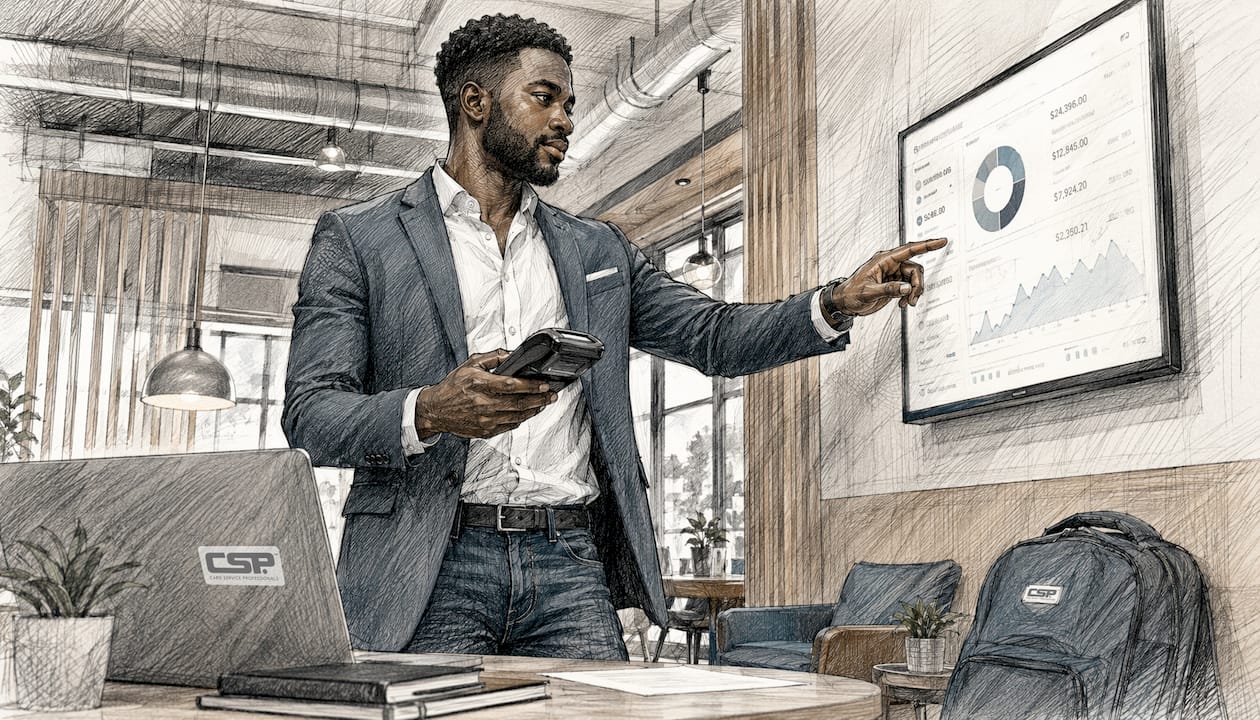 Man using payment terminal and dashboard in office