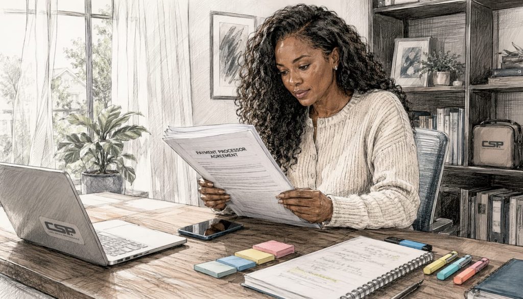 Merchant reviewing payment processor contract