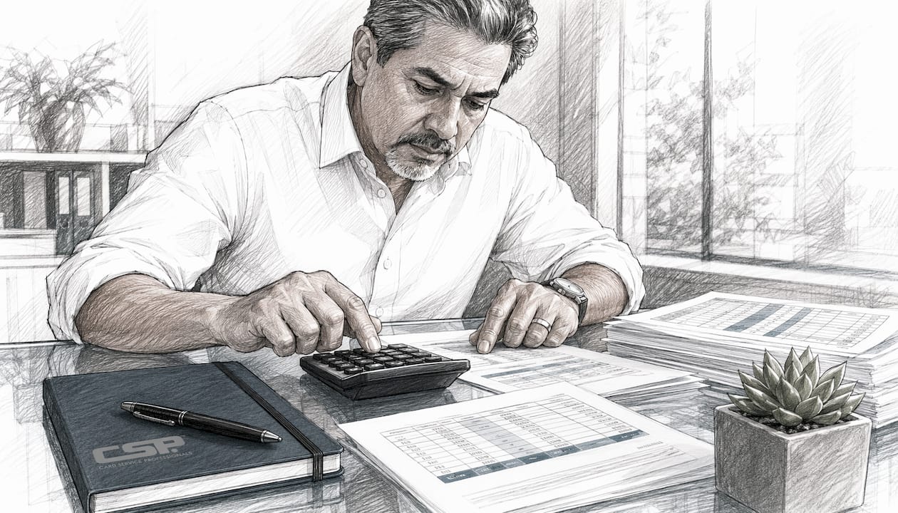 Hands calculating payment processing fees