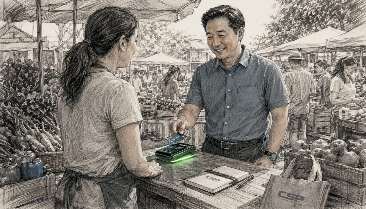 Hands holding card over payment terminal close-up