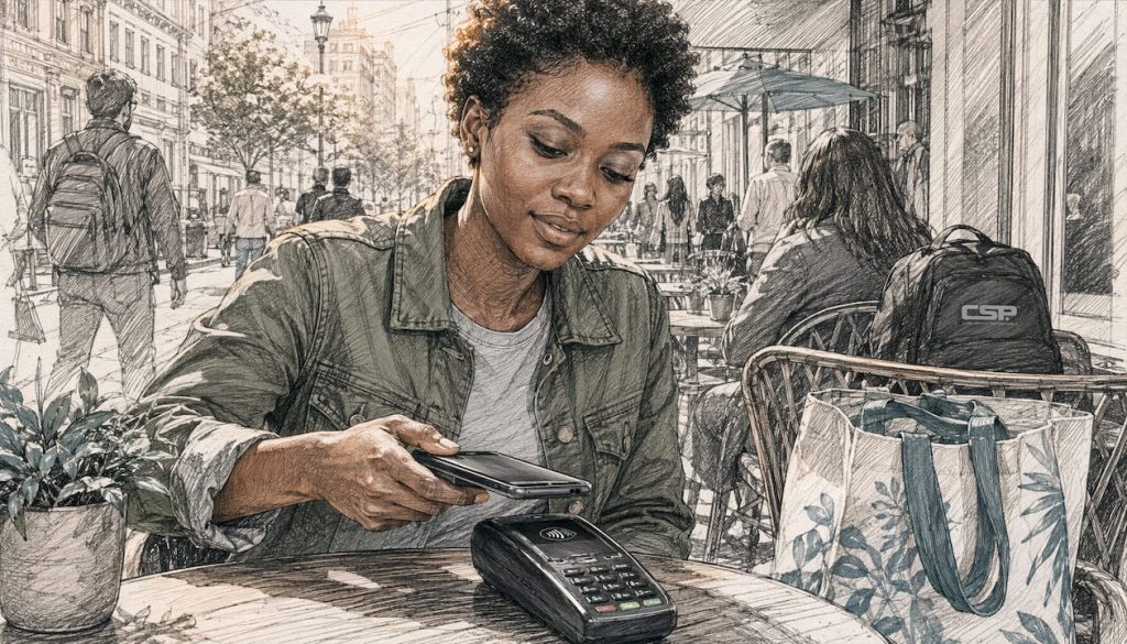 Woman tapping phone to pay at store terminal