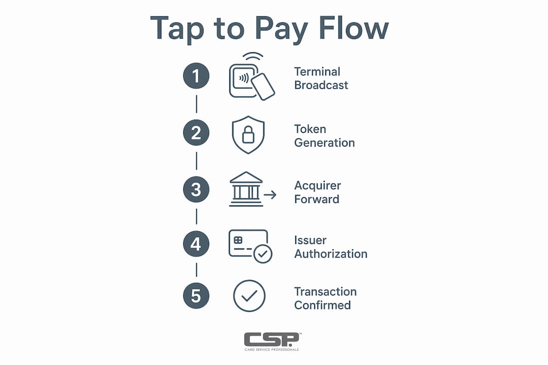 Infographic showing tap to pay transaction steps
