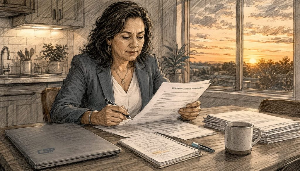 Person auditing merchant service contracts at desk