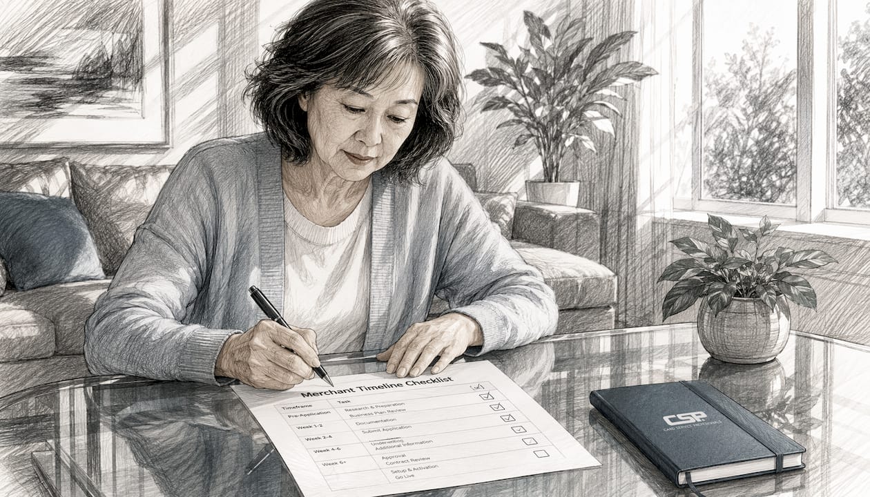Hands reviewing merchant switch timeline checklist