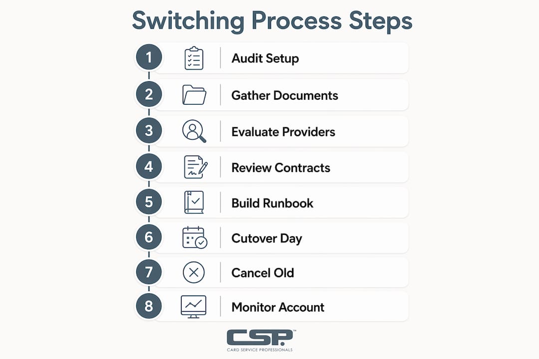 Infographic illustrating merchant switching process steps