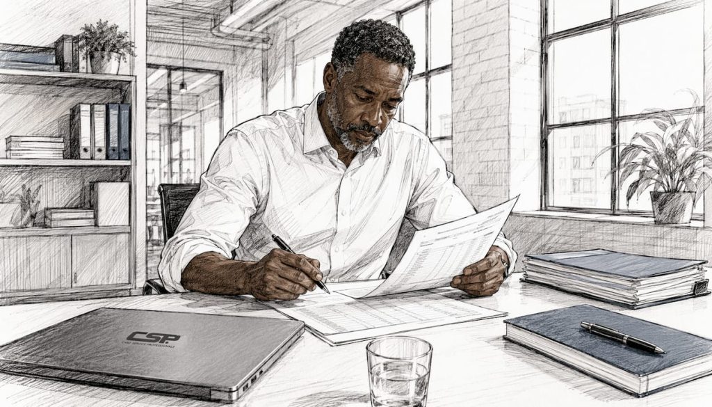 Retail manager reviewing house account paperwork