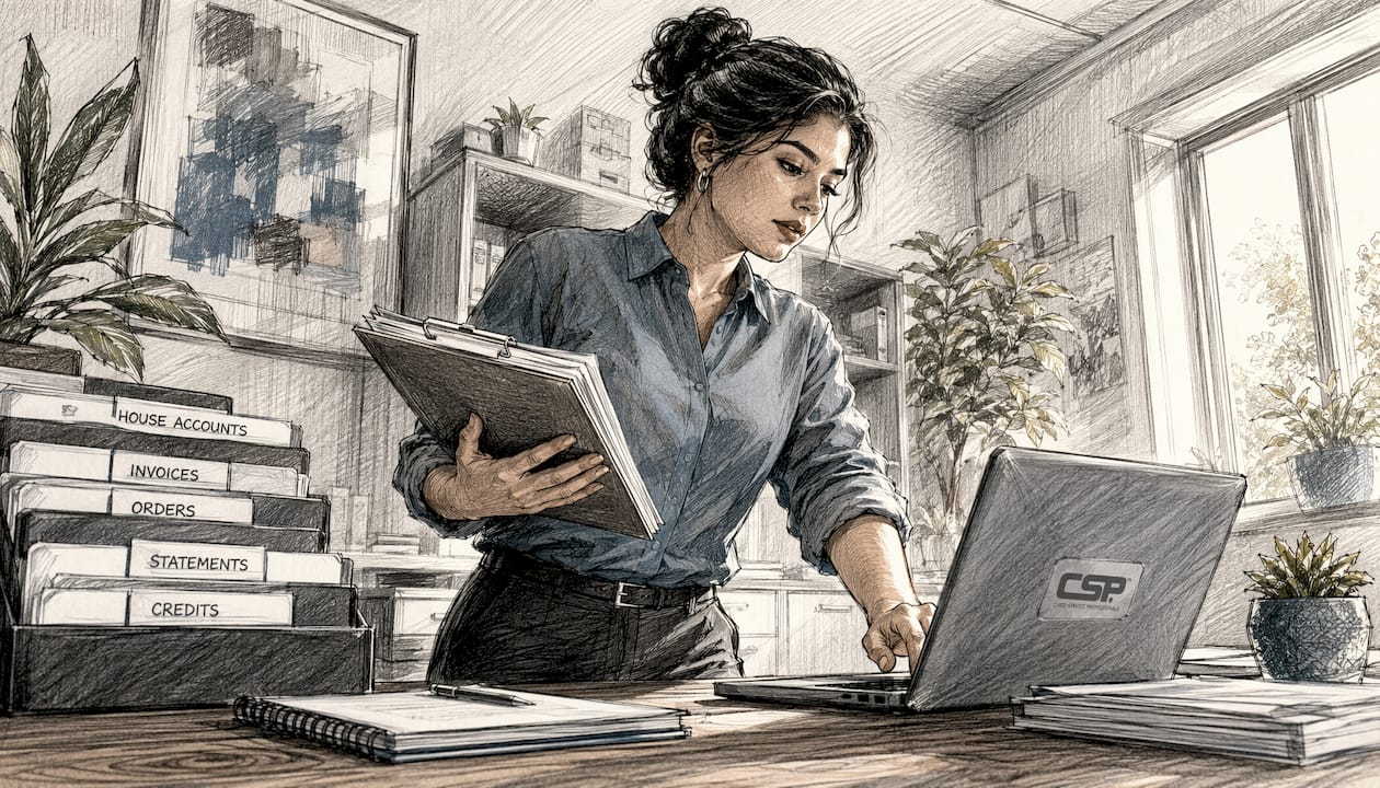 Supervisor checking house account invoices on tablet