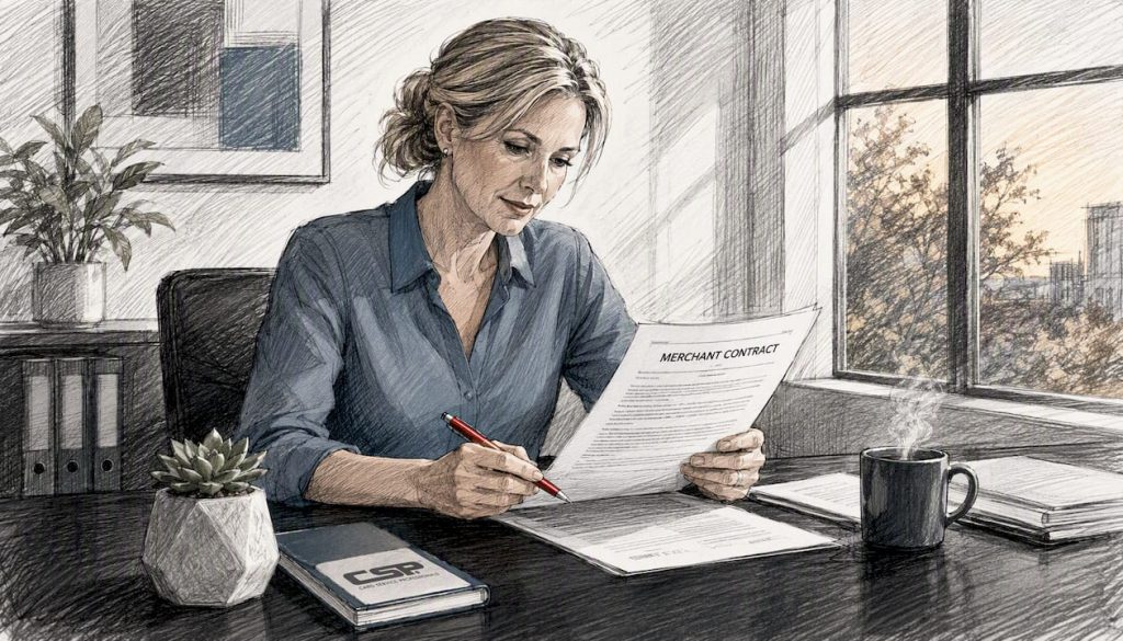 Retailer reviewing printed merchant contract