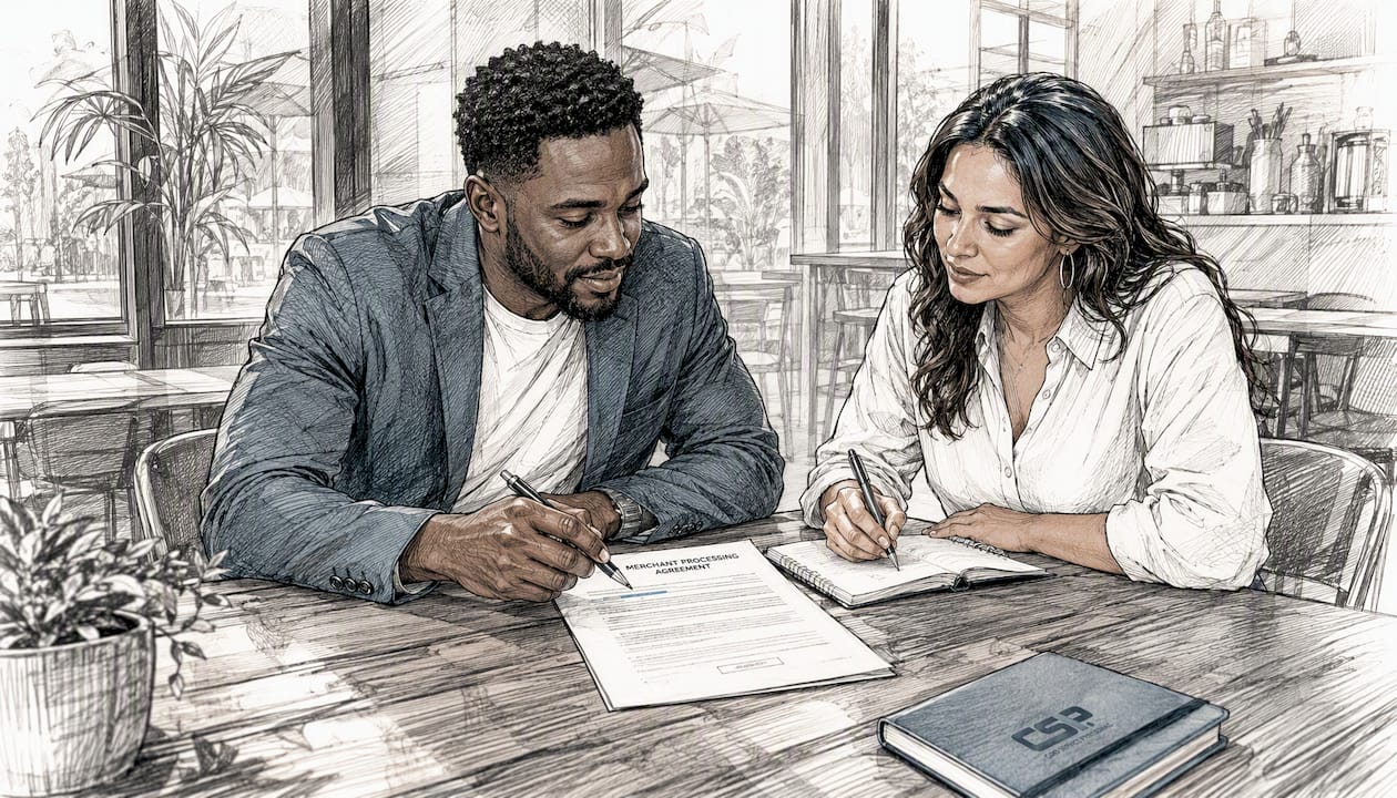 Two owners discussing merchant processing agreement