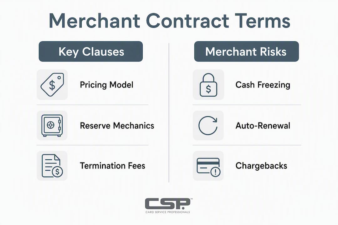 Infographic comparing merchant contract key clauses and risks