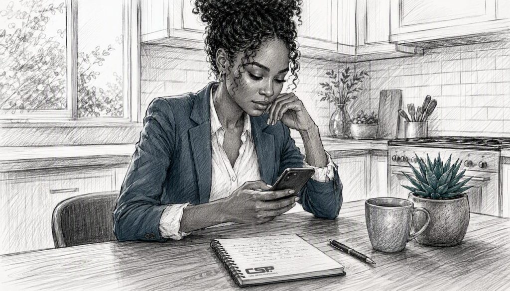 Woman reviewing hosted payment portal on phone