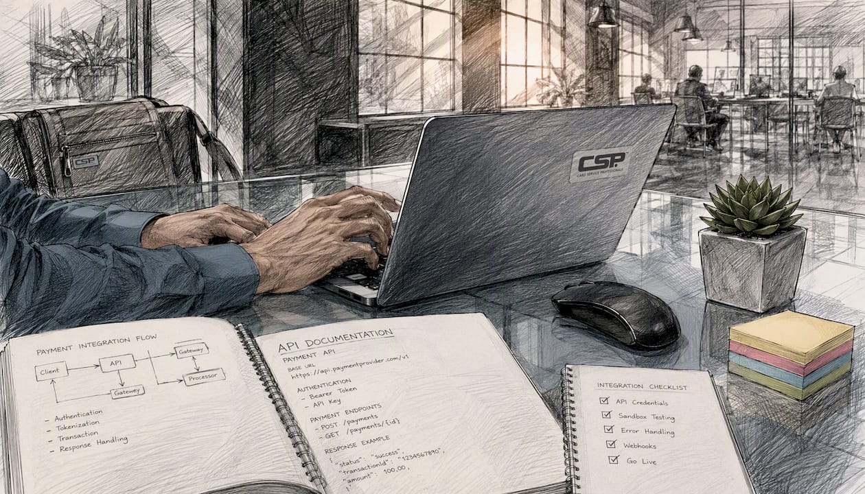 Hands typing on keyboard with API documents