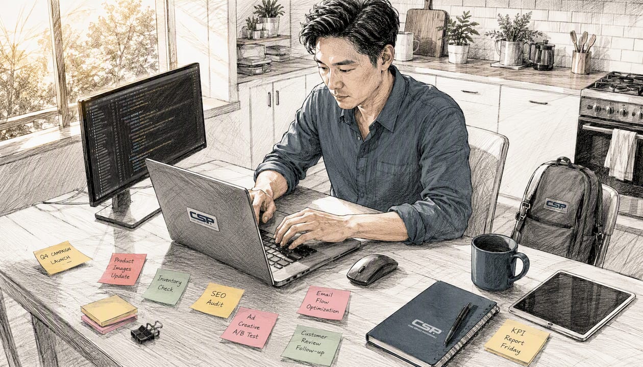 E-commerce specialist typing with tokenization documents nearby