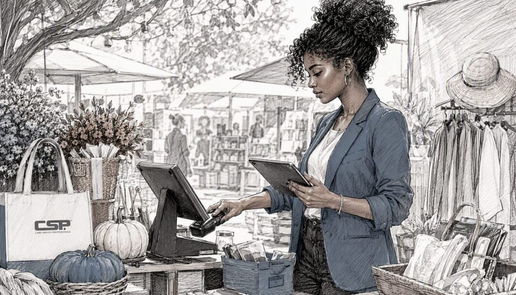 Retail manager using cloud POS terminal at checkout