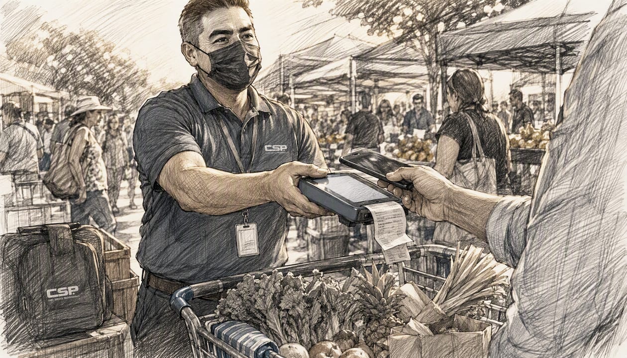 Overhead view of curbside mobile card payment transaction