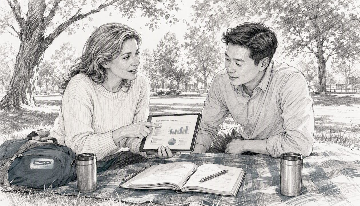 Two colleagues discussing cash-discount program